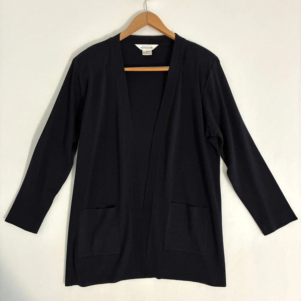 Exclusively Misook Open‎ Cardigan Womens M Slinky Knit Pockets Formal Minimalist